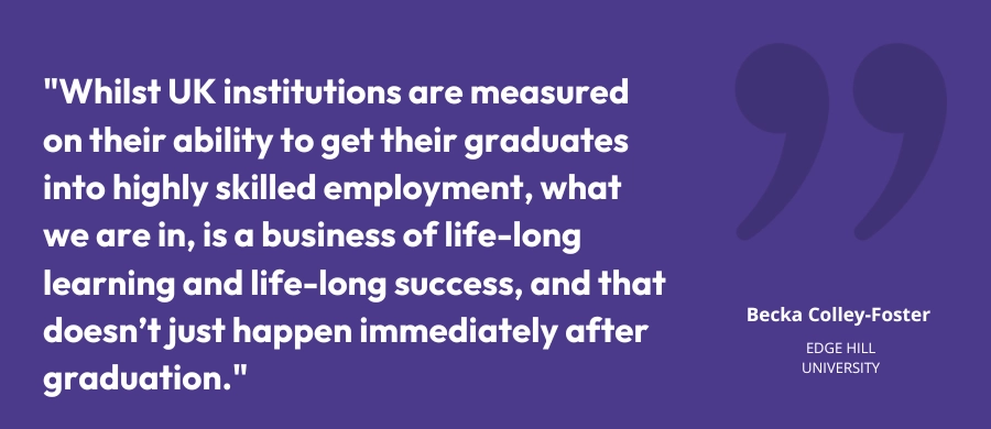 Quote from Becka Colley-Foster from Edge Hill - "Whilst UK institutions are measured on their ability to get their graduates into highly skilled employment, what we are in, is a business of life-long learning and life-long success, and that doesn’t just happen immediately after graduation."