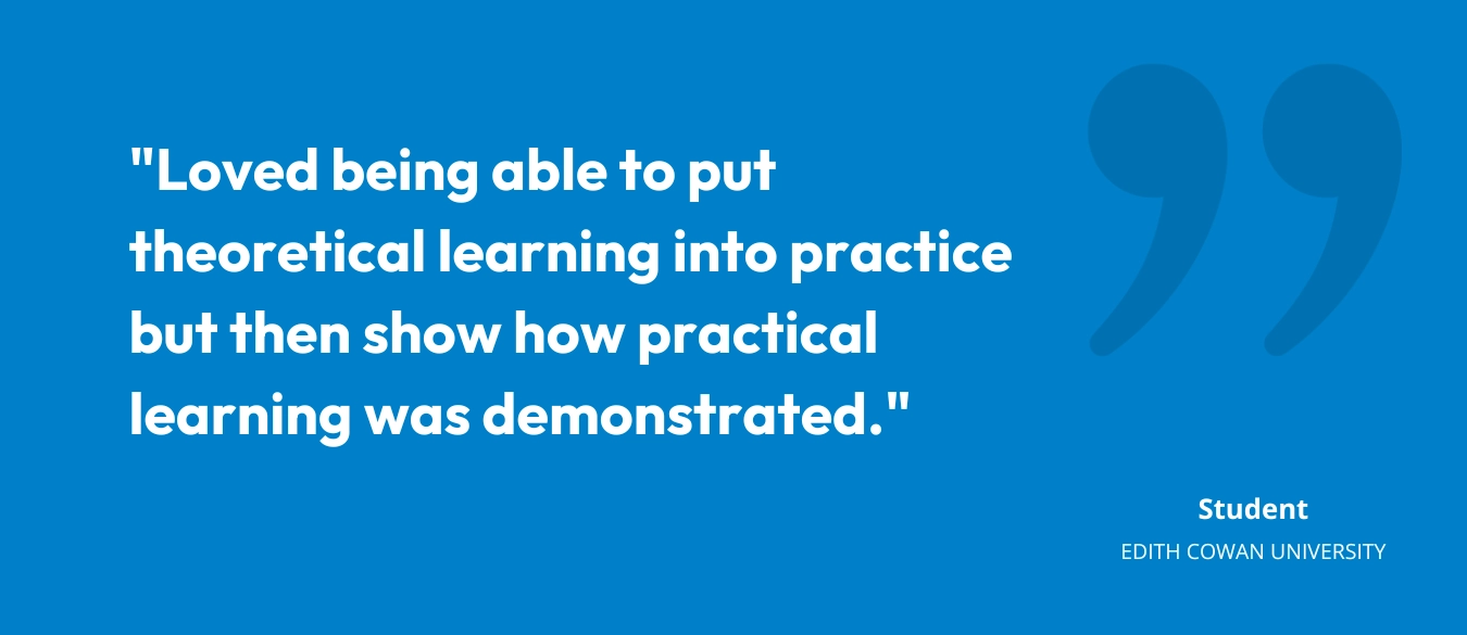 [QUOTE] 
“Loved being able to put theoretical learning into practice but then show how practical learning was demonstrated.” 
• Student, Edith Cowan University 