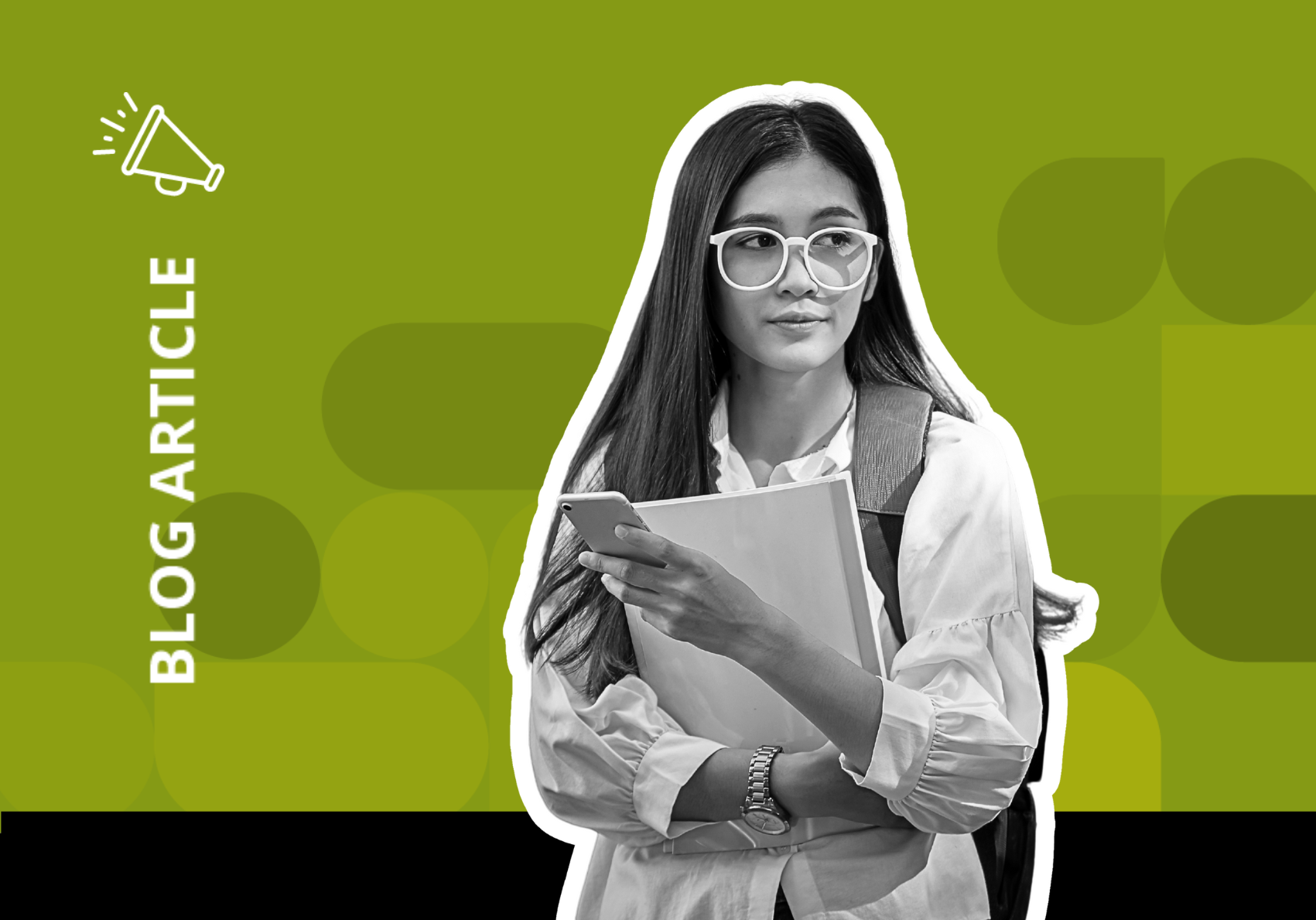 Picture of female student with folder and mobile phone