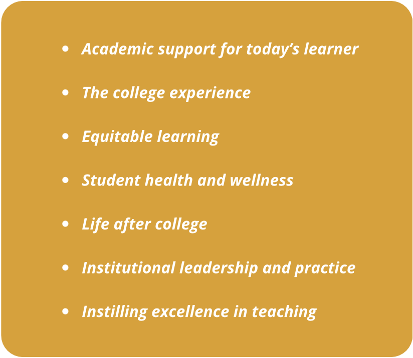 • Academic support for today’s learner • The college experience • Equitable learning • Student health and wellness • Life after college • Institutional leadership and practice • Instilling excellence in teaching